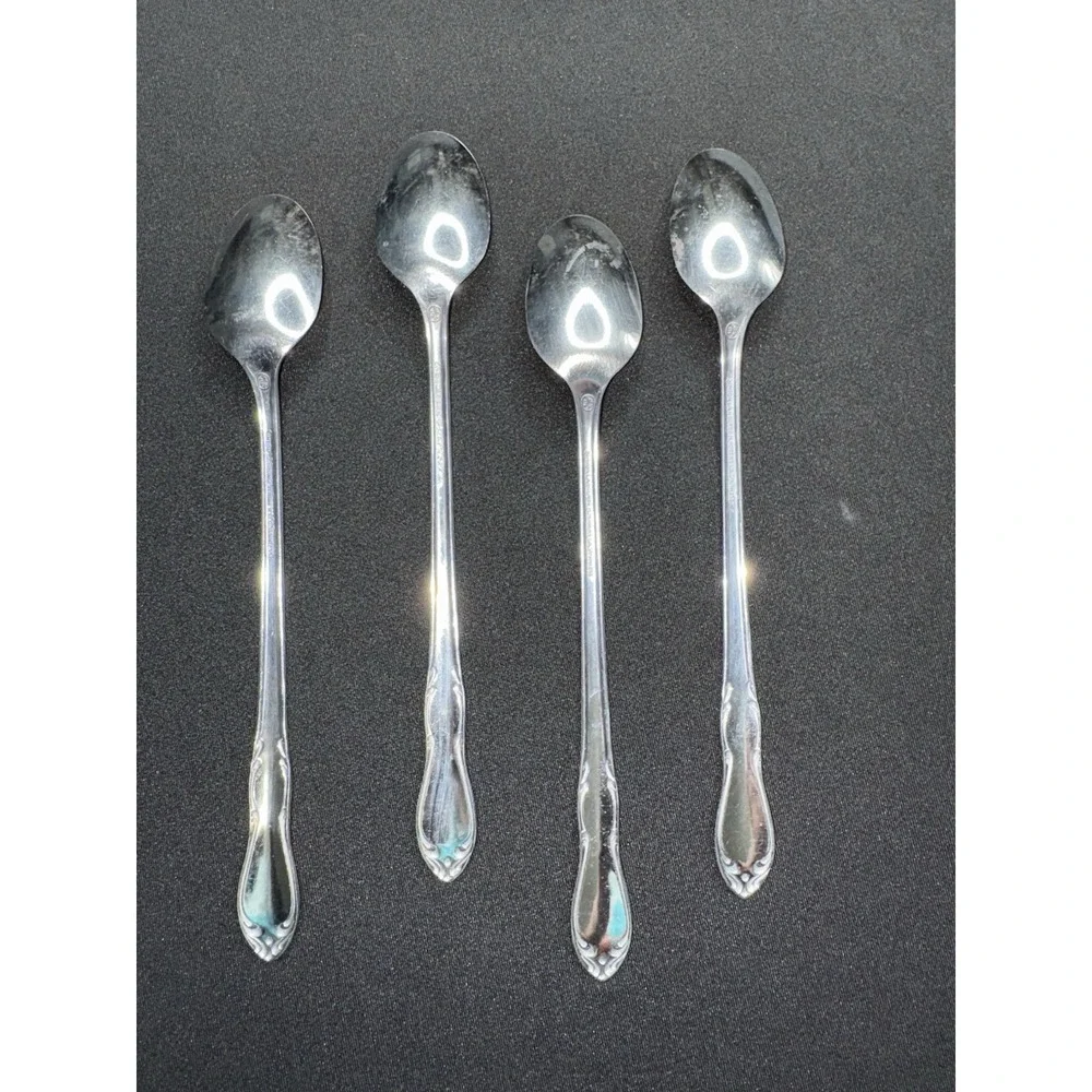 4 Simon L & George H Rogers Co Stainless Oneida Iced Teaspoons Homestead Long